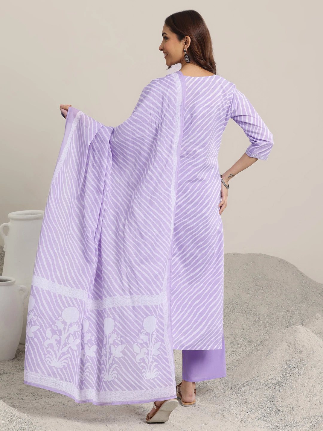  Lavender Printed Cotton Straight  Suits With Dupatta 