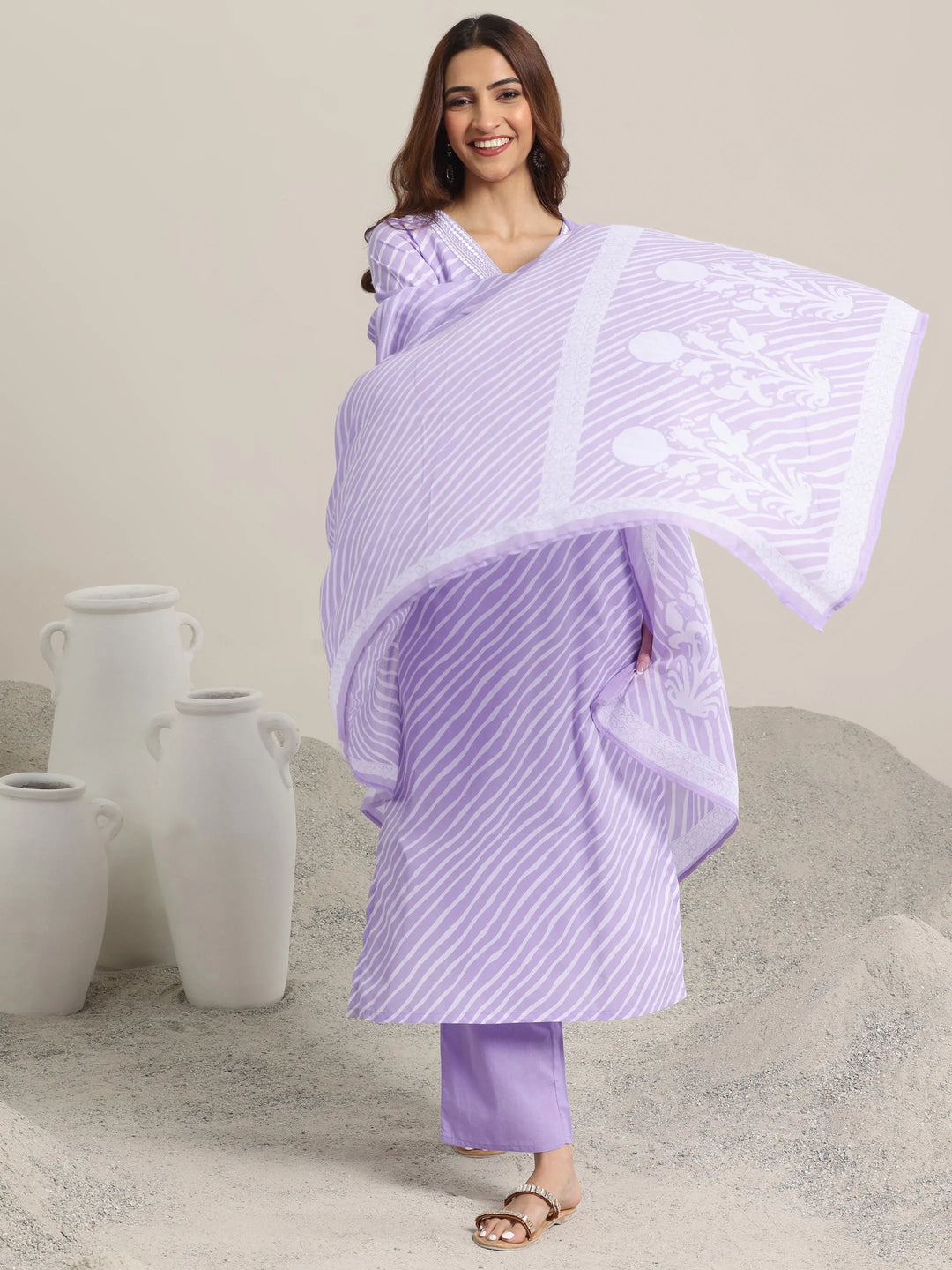  Lavender Printed Cotton Straight  Suits With Dupatta 