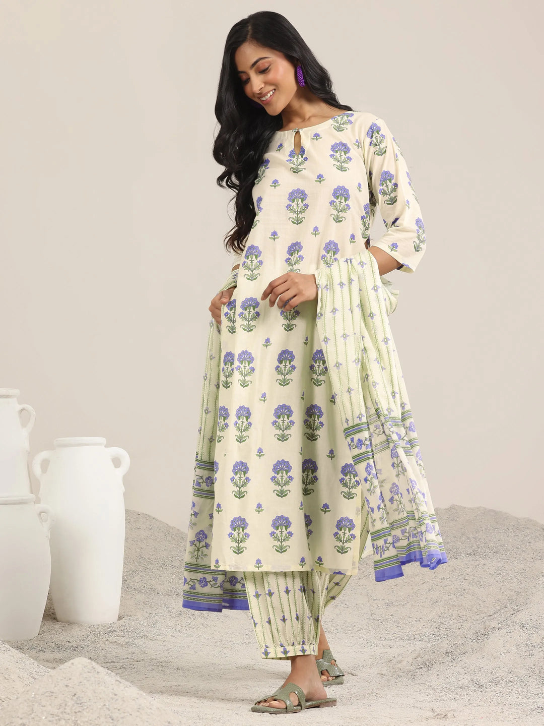  Off White Printed Cotton Straight Suit Set With Dupatta 