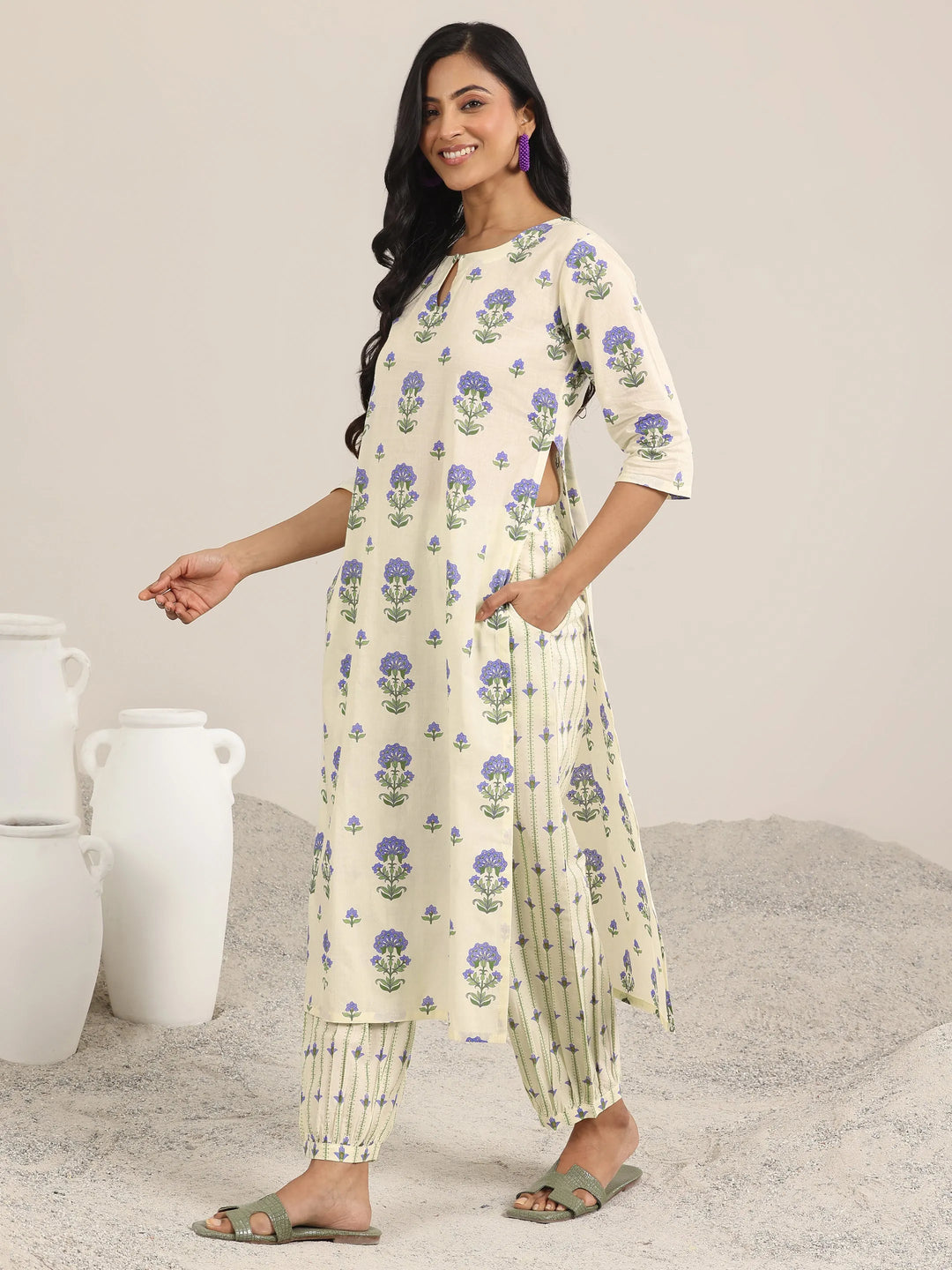  Off White Printed Cotton Straight Suit Set With Dupatta 