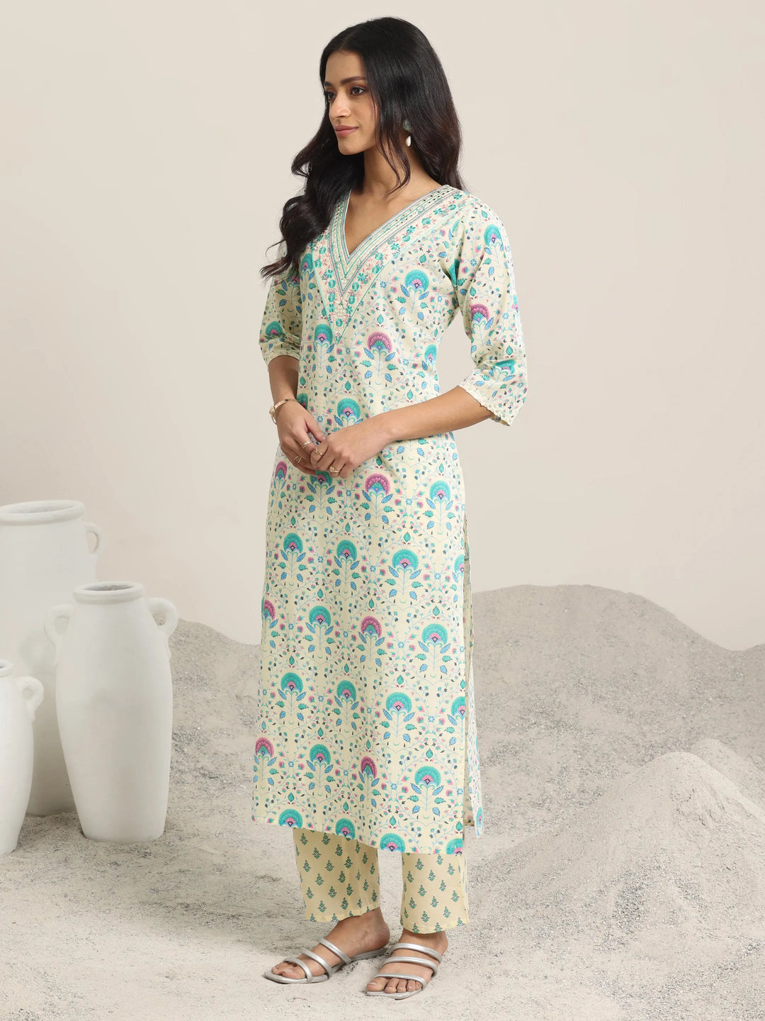  Off White Printed Cotton Straight  Suits With Dupatta 