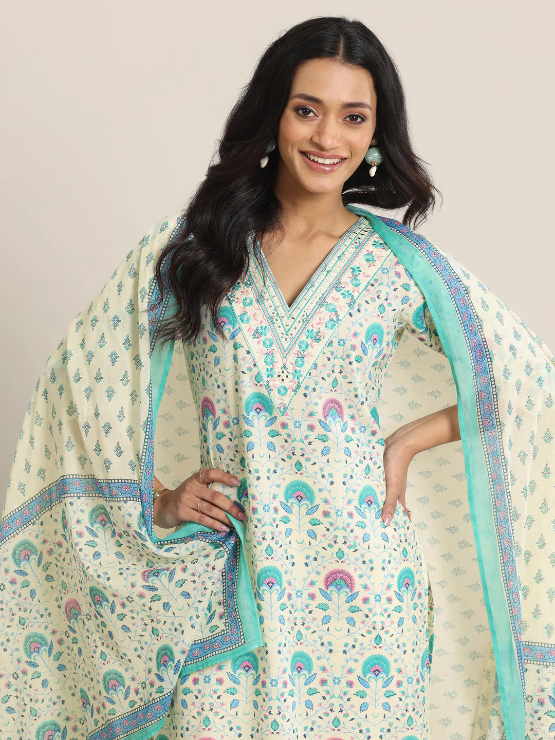  Off White Printed Cotton Straight  Suits With Dupatta 