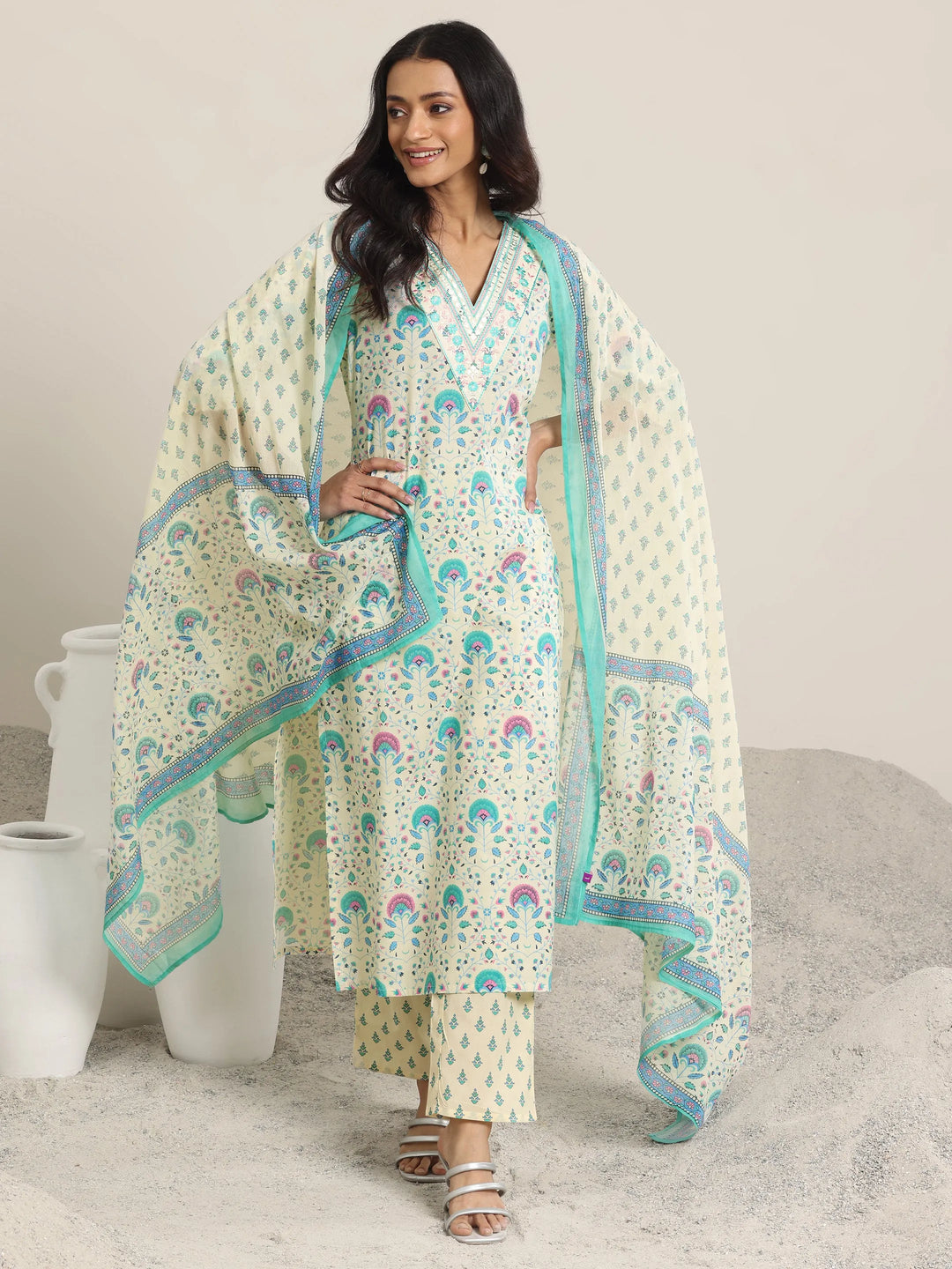  Off White Printed Cotton Straight  Suits With Dupatta 