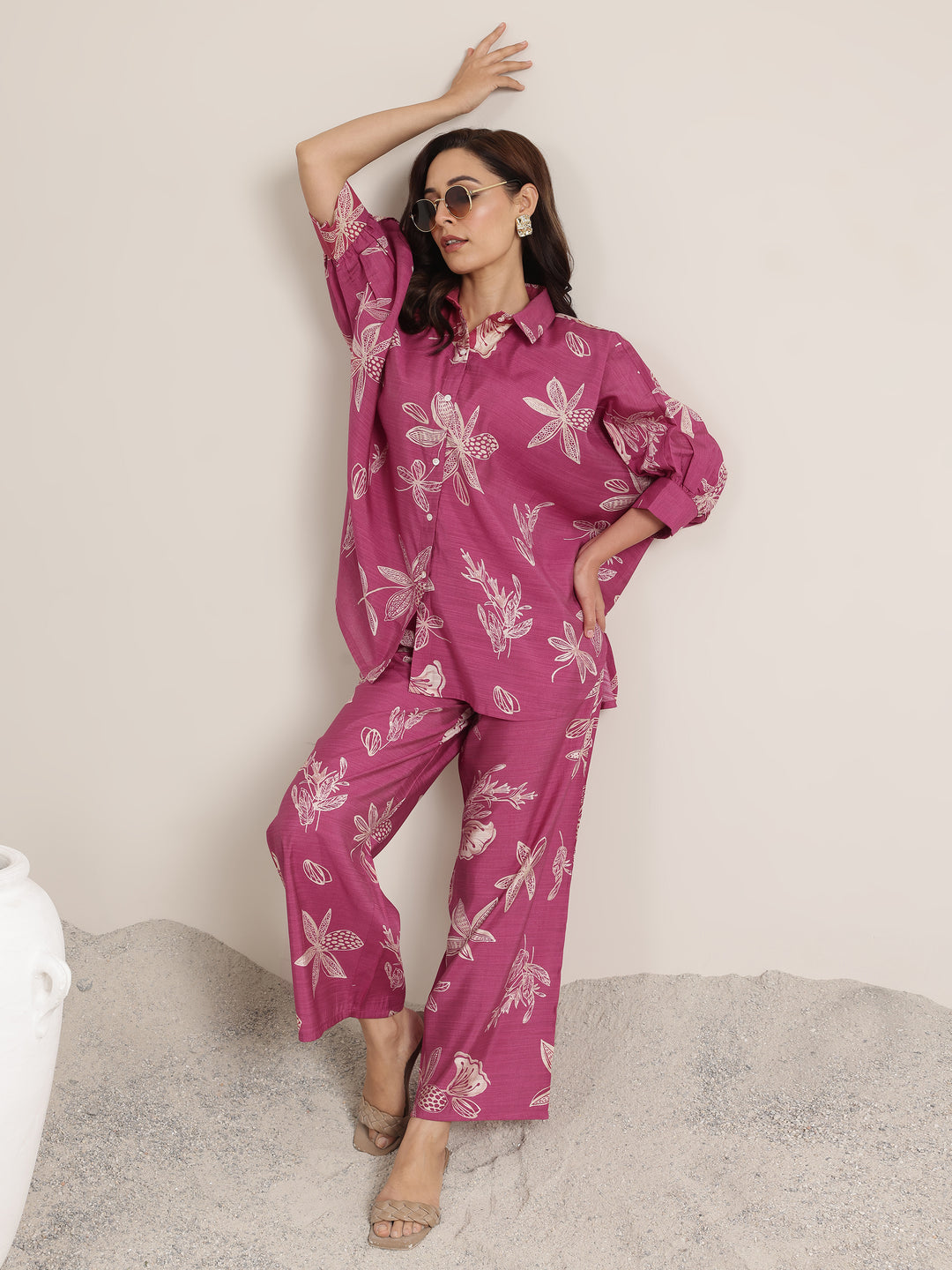 Pink Printed Silk Blend Co-Ord Sets