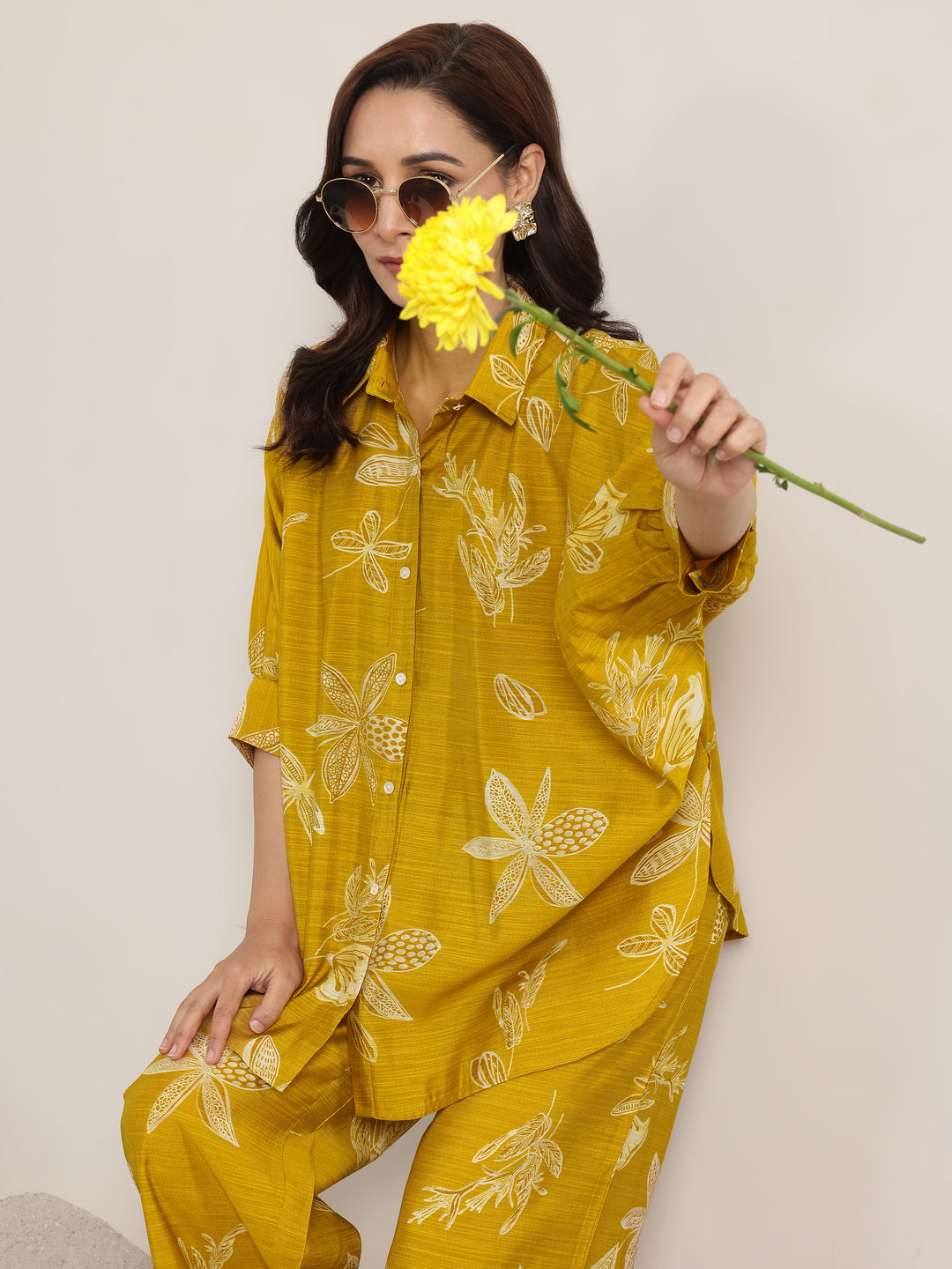 Mustard Printed Silk Blend Co-Ord Sets