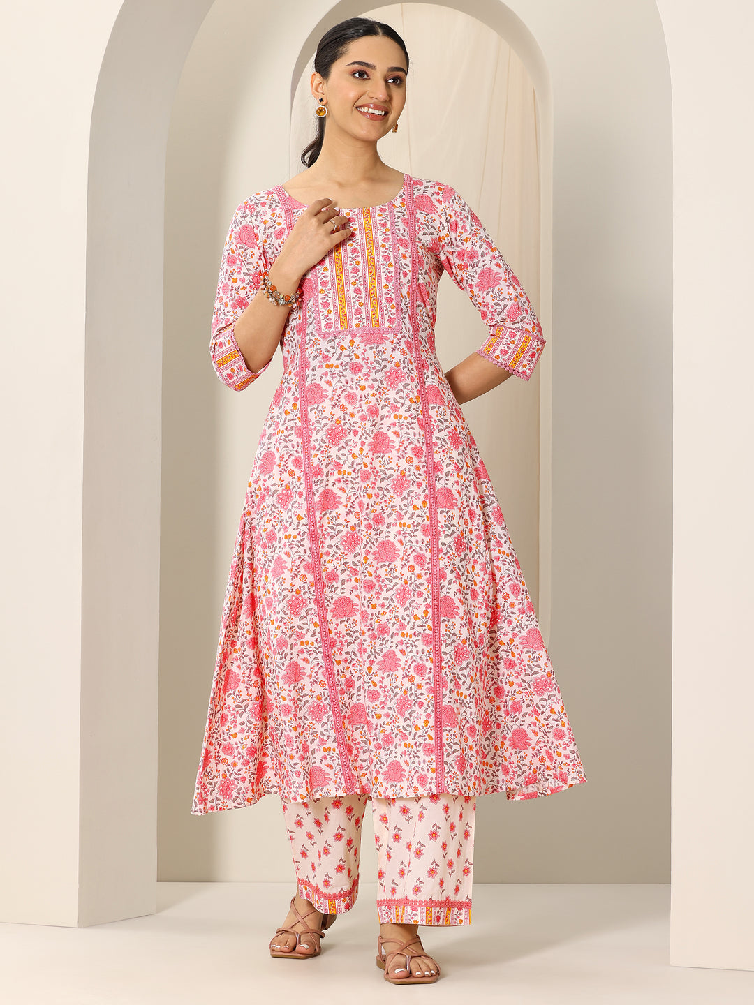  Peach Printed Pure Cotton A-Line Kurta Set 