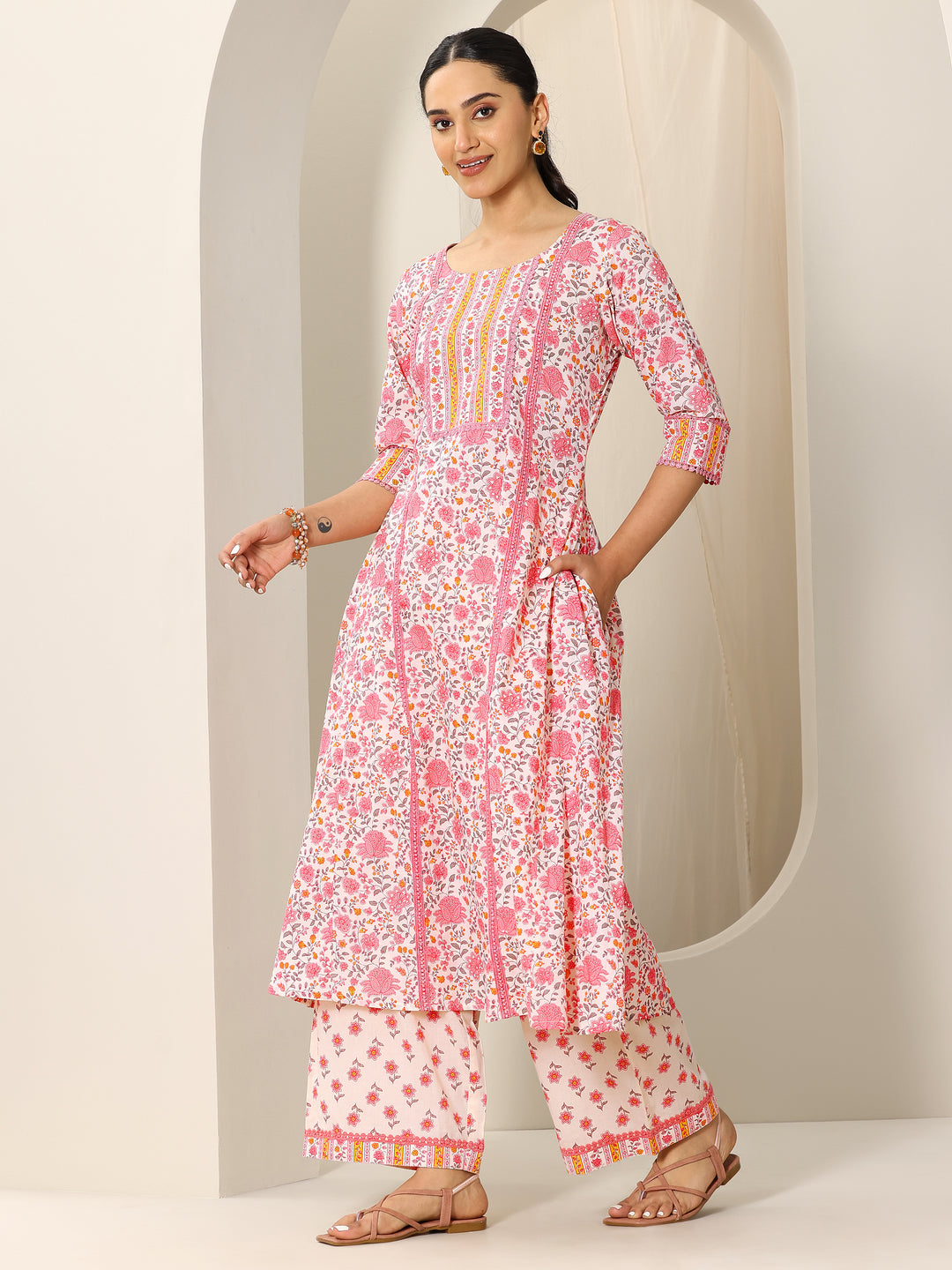  Peach Printed Pure Cotton A-Line Kurta Set 