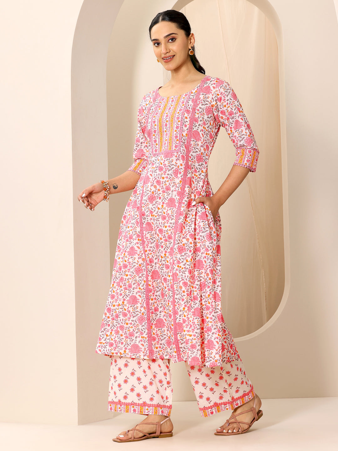  Peach Printed Pure Cotton A-Line Kurta Set 