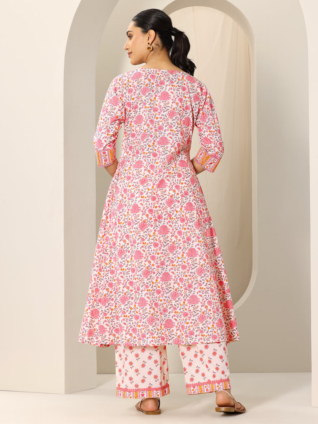  Peach Printed Pure Cotton A-Line Kurta Set 