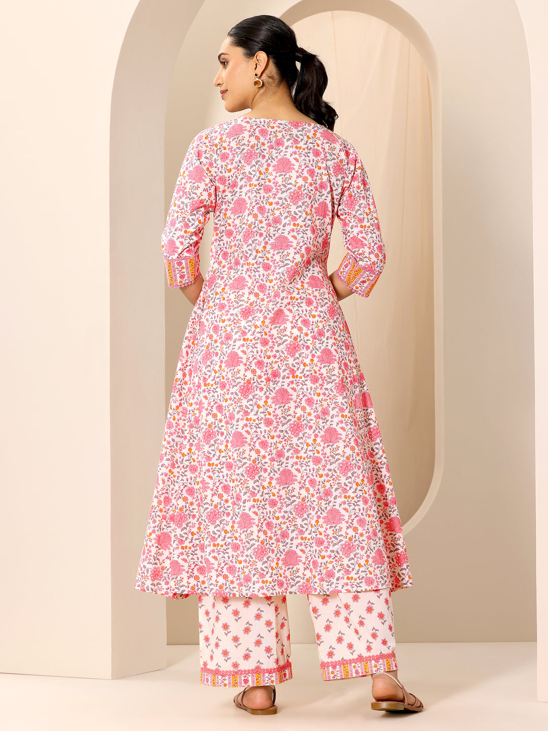  Peach Printed Pure Cotton A-Line Kurta Set 