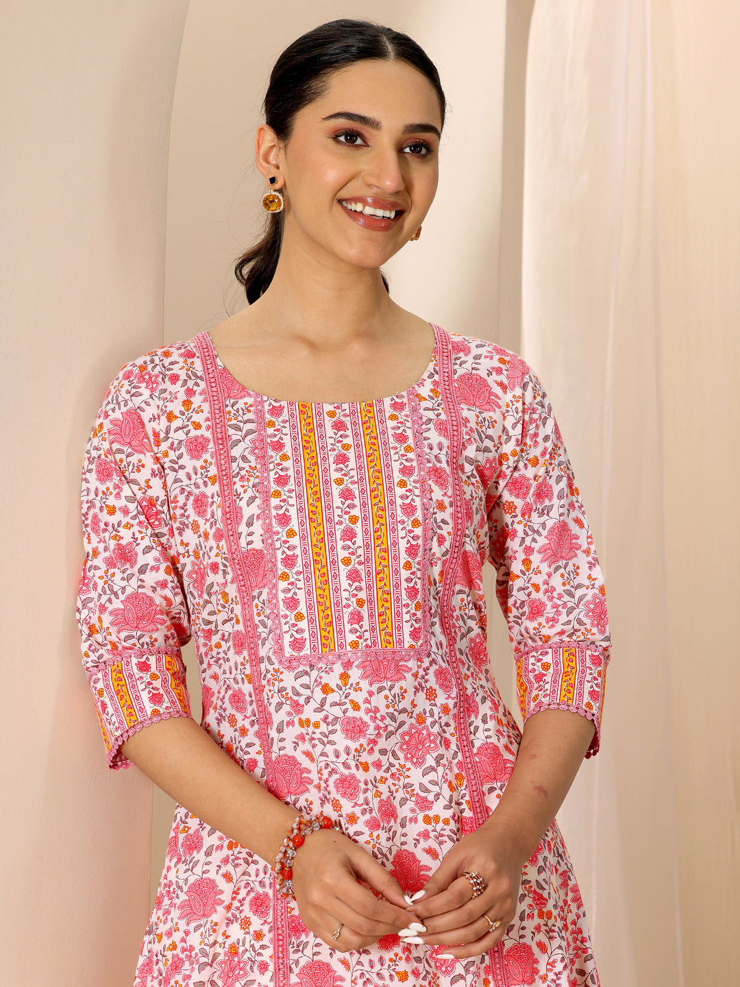  Peach Printed Pure Cotton A-Line Kurta Set 