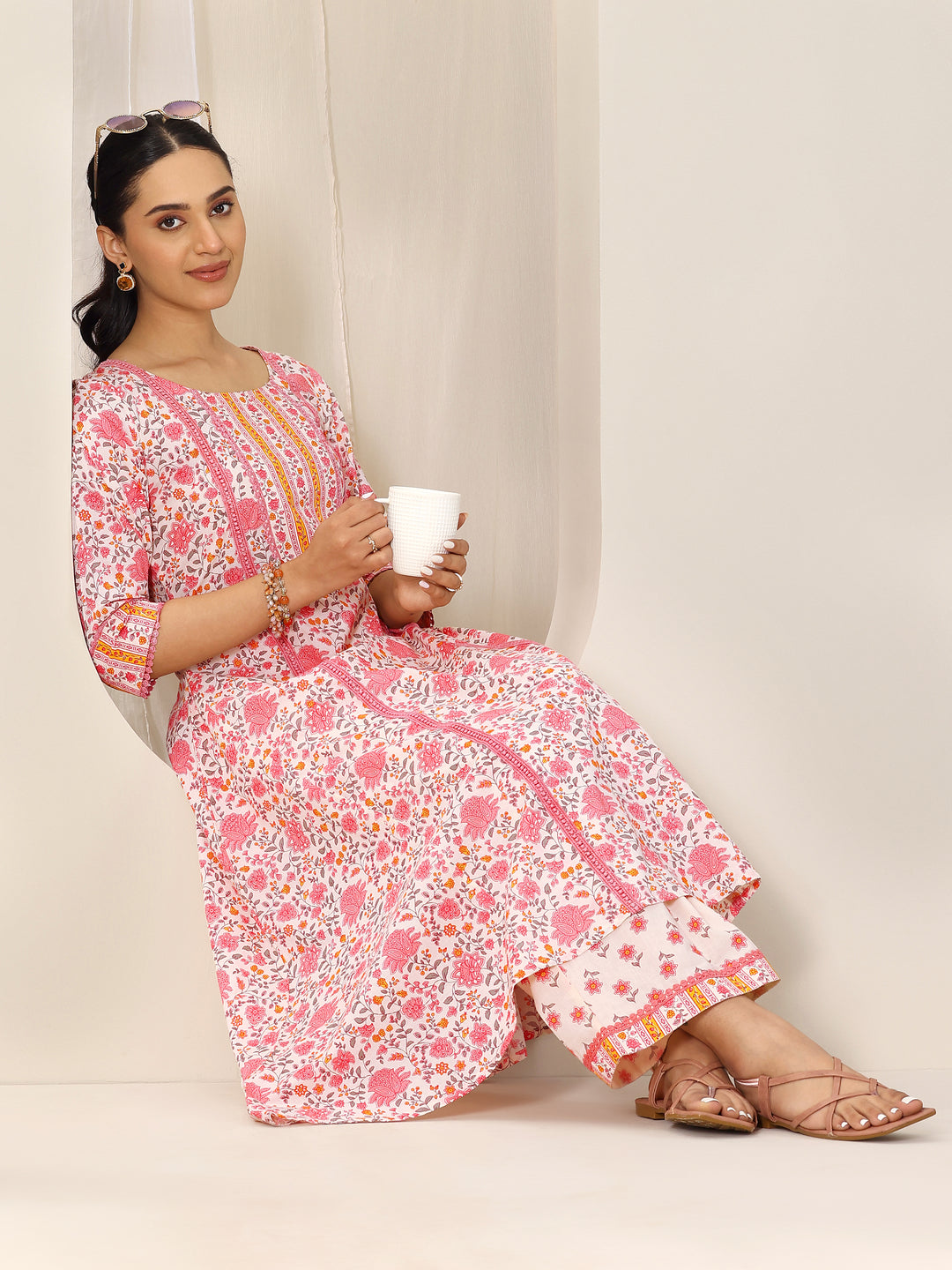  Peach Printed Pure Cotton A-Line Kurta Set 