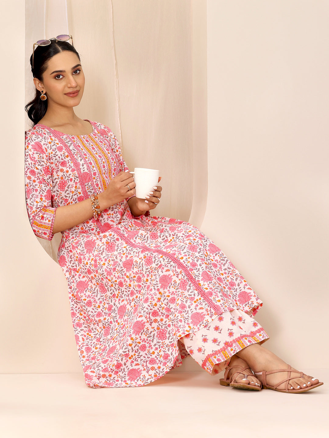  Peach Printed Pure Cotton A-Line Kurta Set 