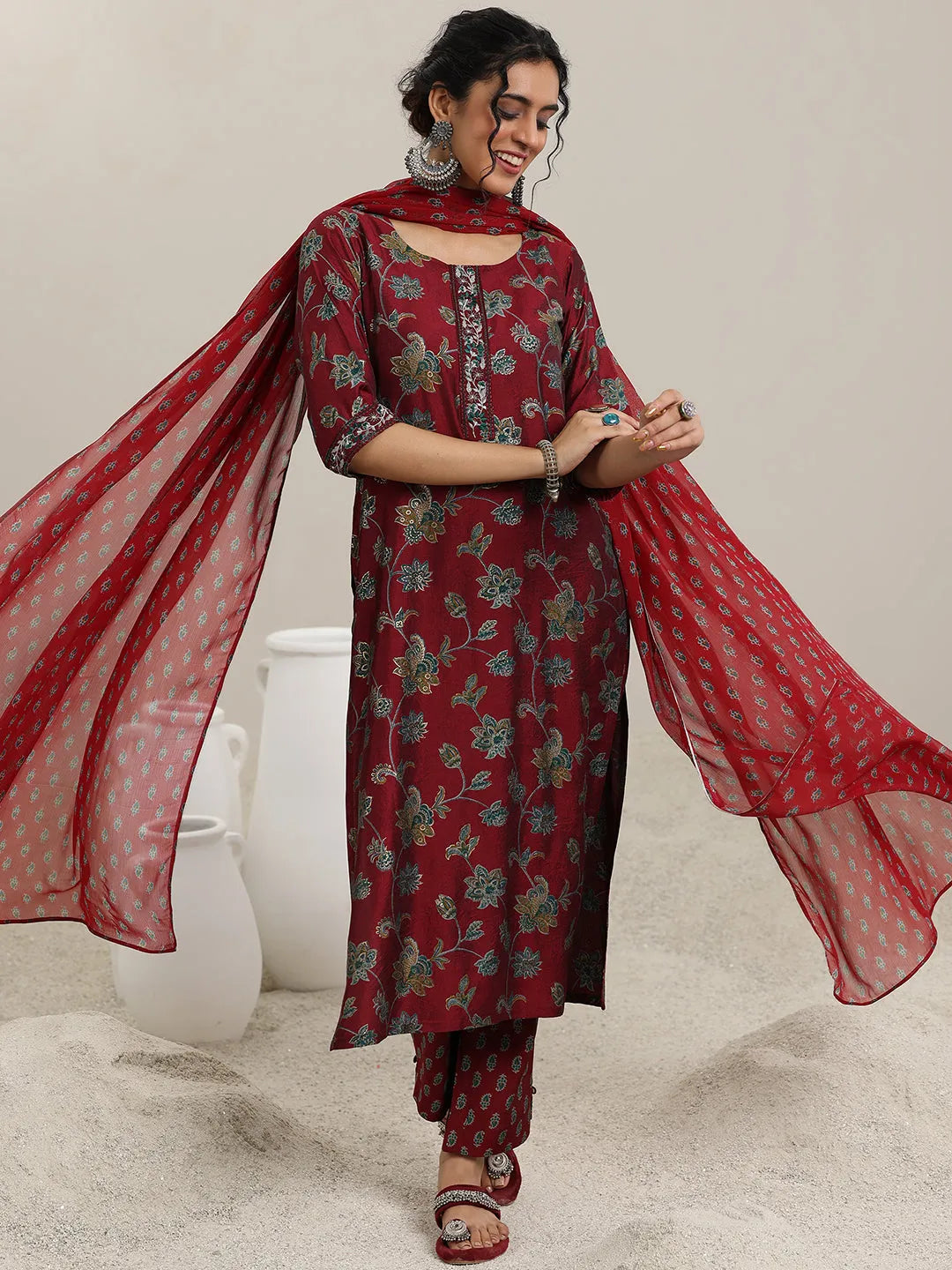 Maroon Printed Silk Blend Straight  Suits With Dupatta