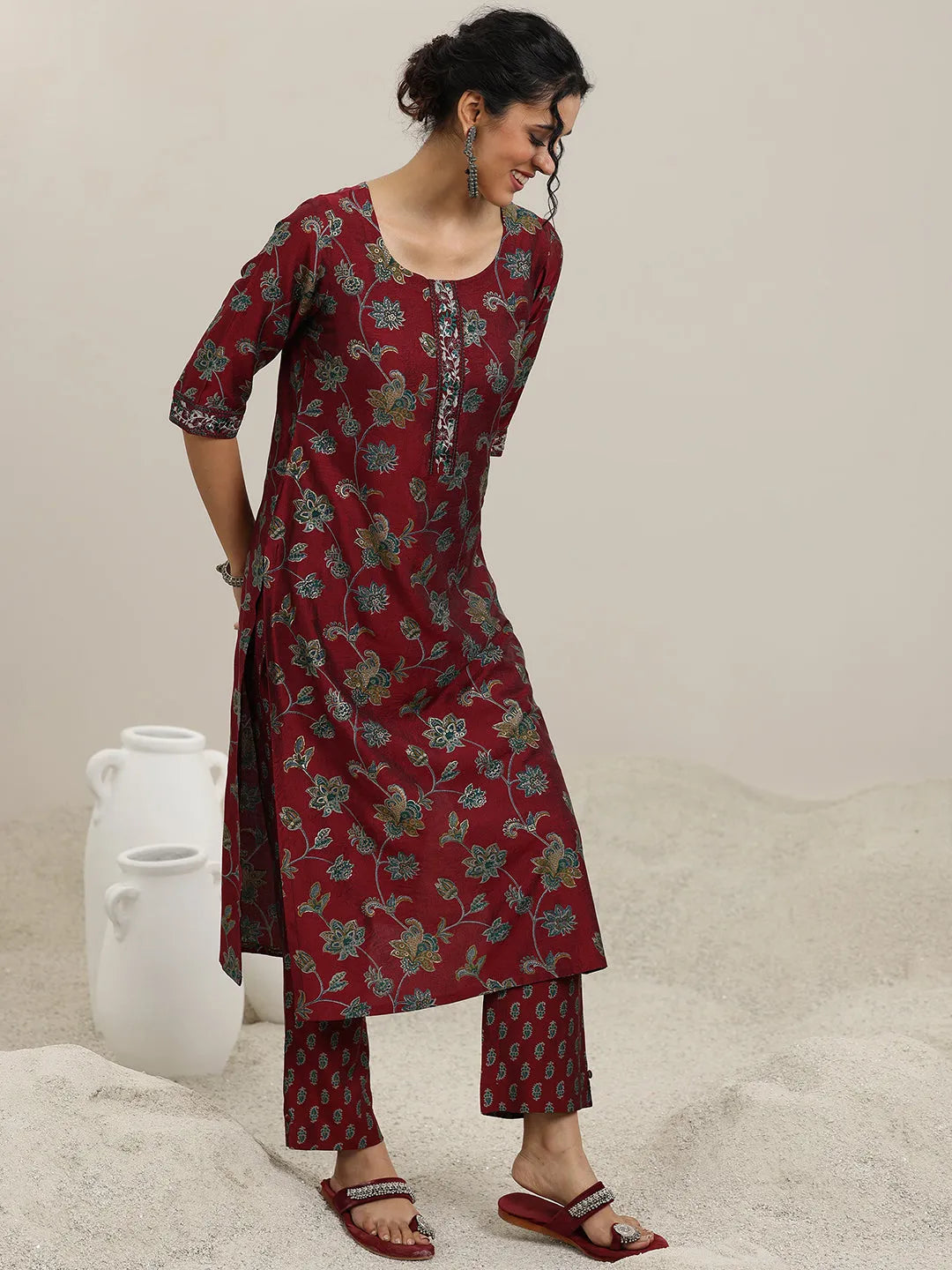  Maroon Printed Silk Blend Straight  Suits With Dupatta 