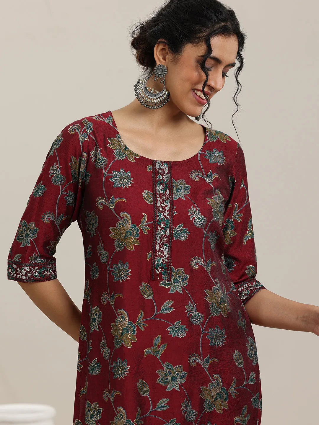  Maroon Printed Silk Blend Straight  Suits With Dupatta 