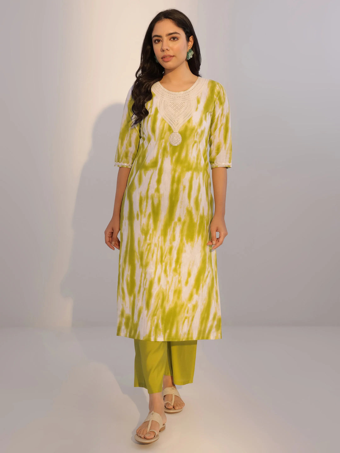  Green Printed Cotton Straight Kurta Set 