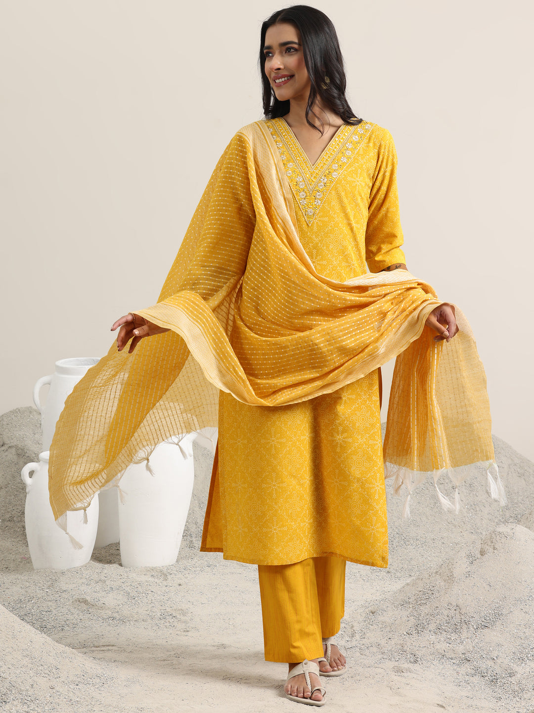 Yellow Printed Cotton Straight Suit With Dupatta