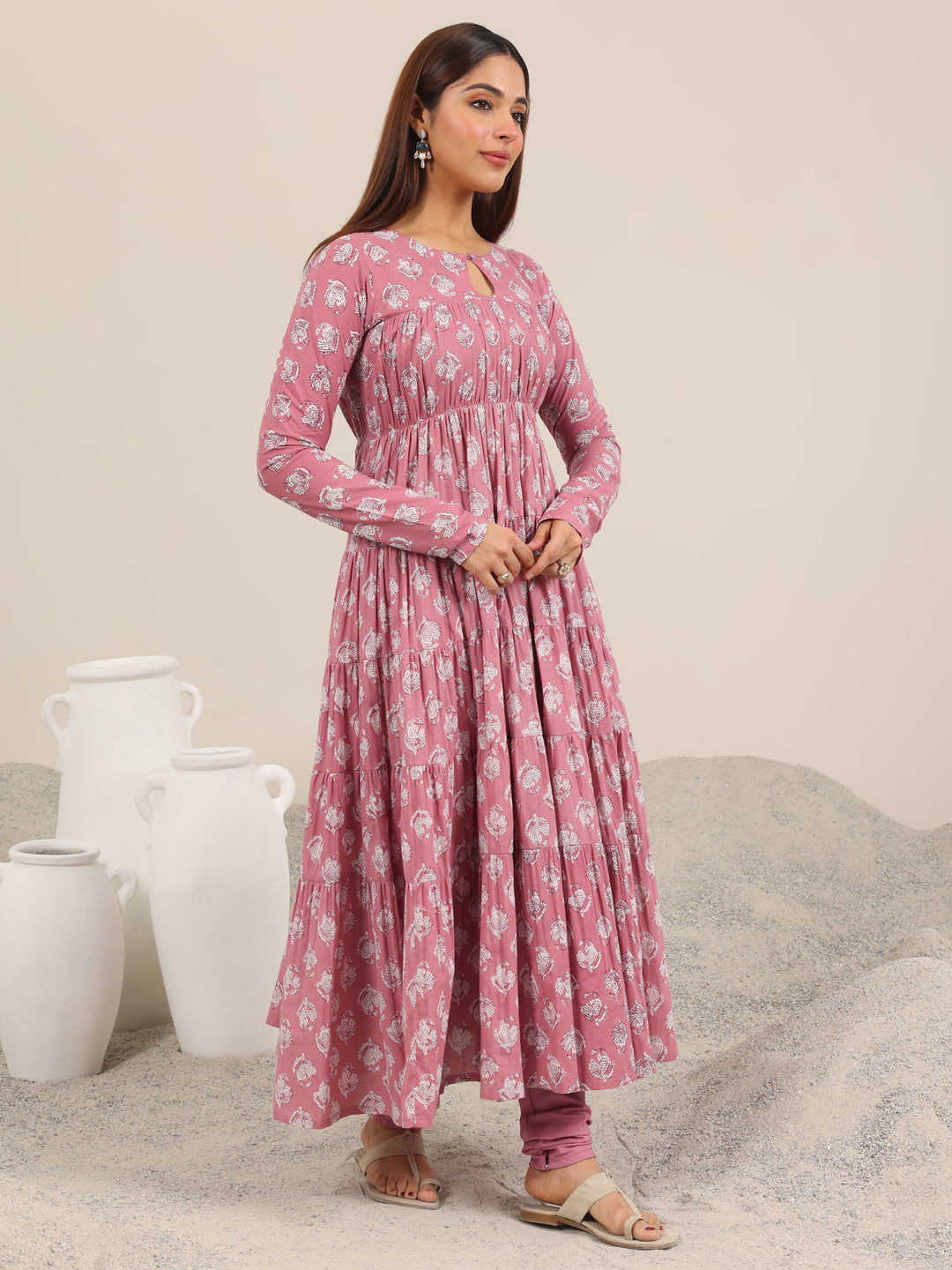  Mauve Printed Cotton Anarkali Suit Set With Dupatta 