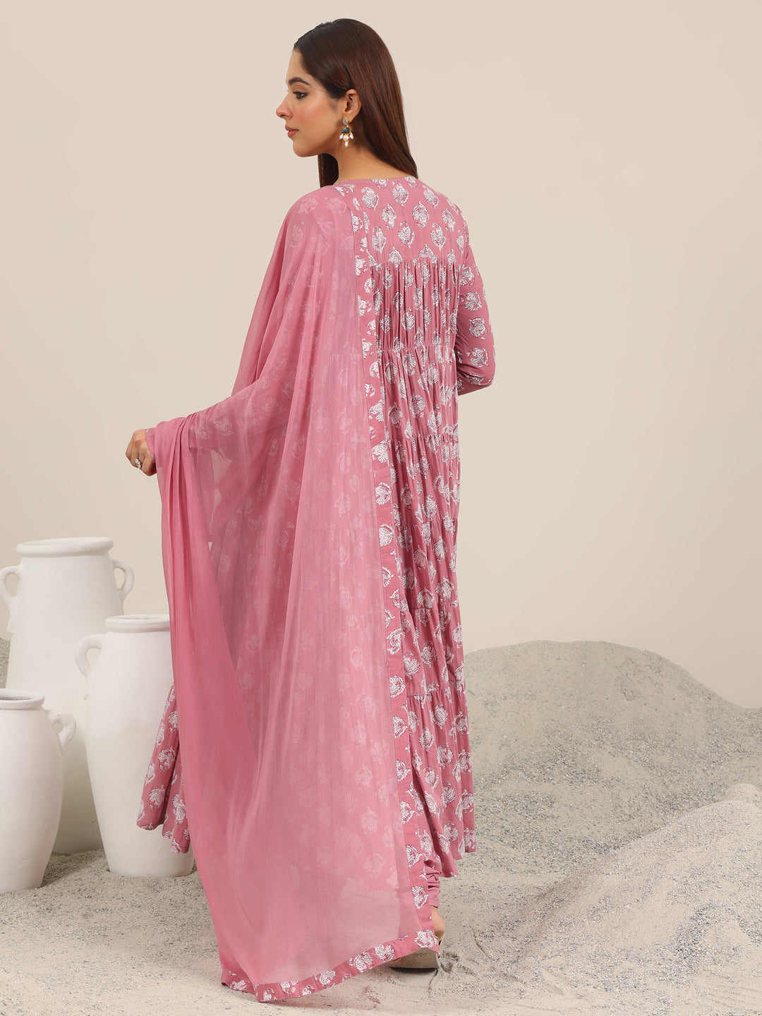  Mauve Printed Cotton Anarkali Suit Set With Dupatta 