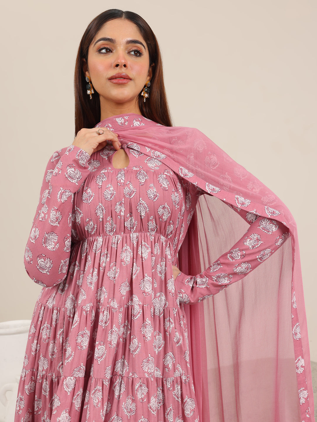  Mauve Printed Cotton Anarkali Suit Set With Dupatta 