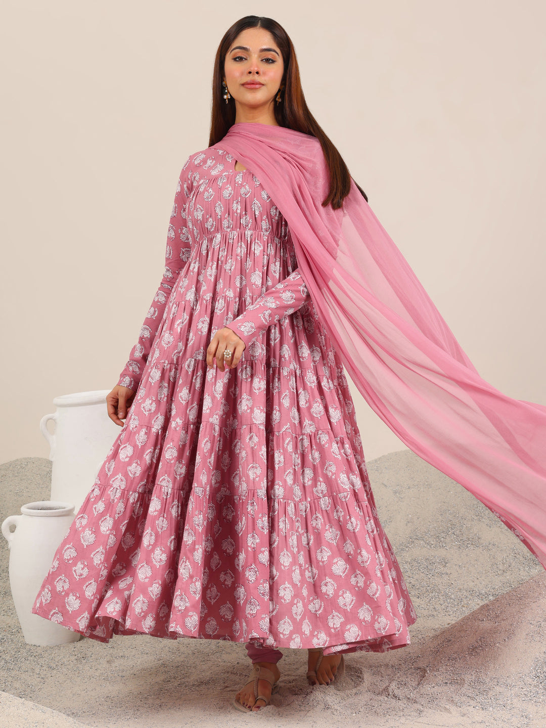  Mauve Printed Cotton Anarkali Suit Set With Dupatta 