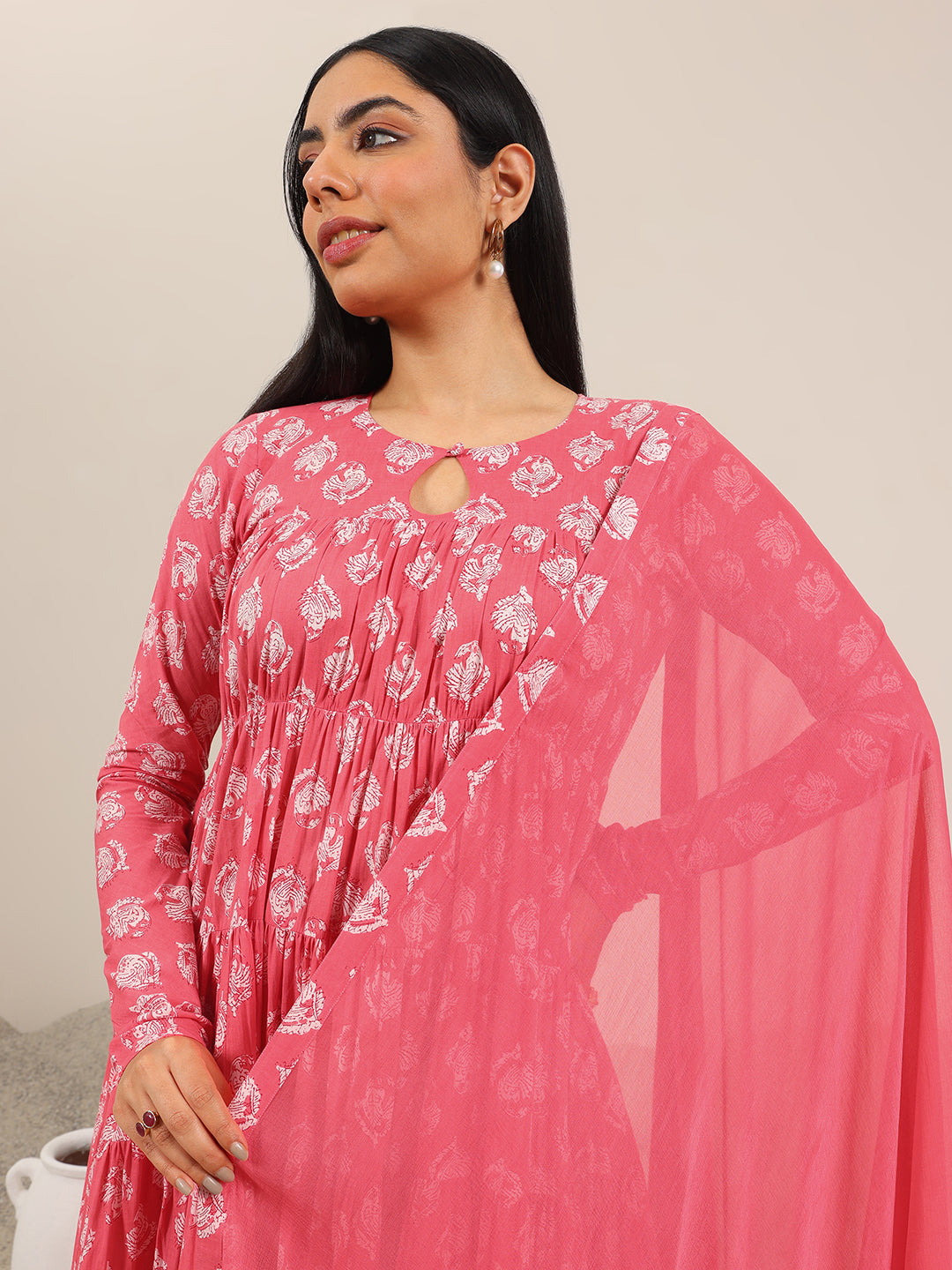  Peach Printed Cotton Anarkali Suit Set With Dupatta 