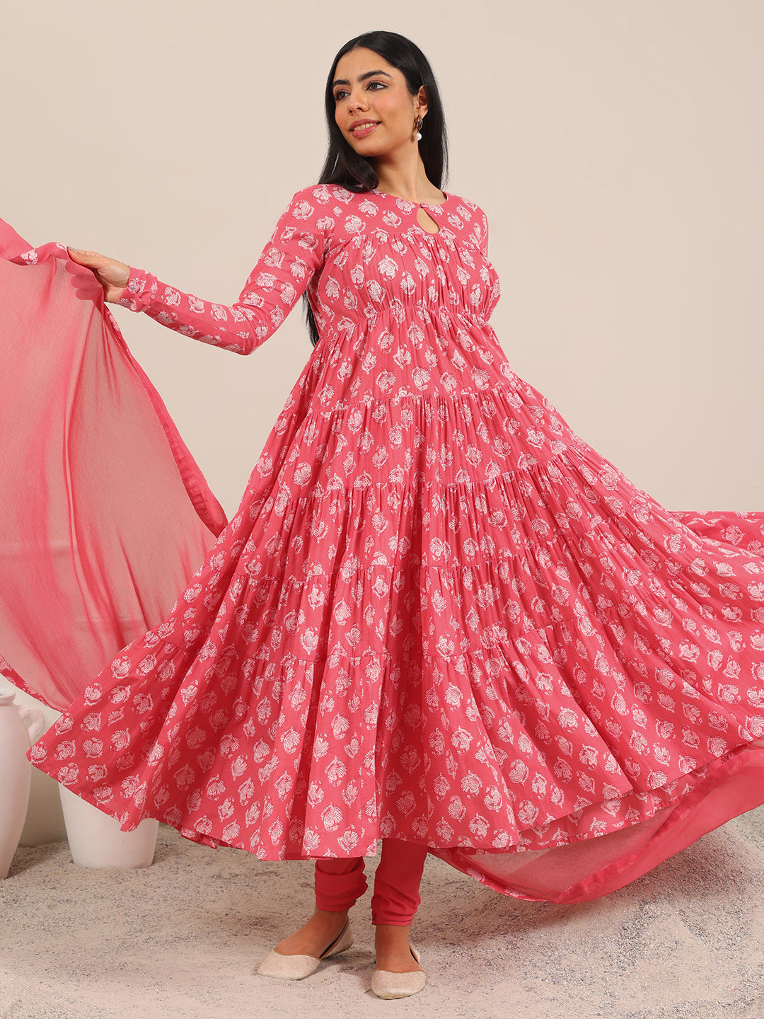  Peach Printed Cotton Anarkali Suit Set With Dupatta 