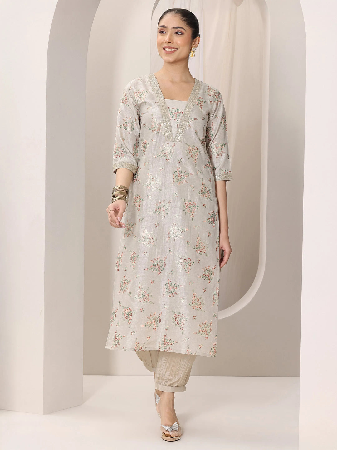  Grey Woven Design Silk Blend Straight Kurta Set 