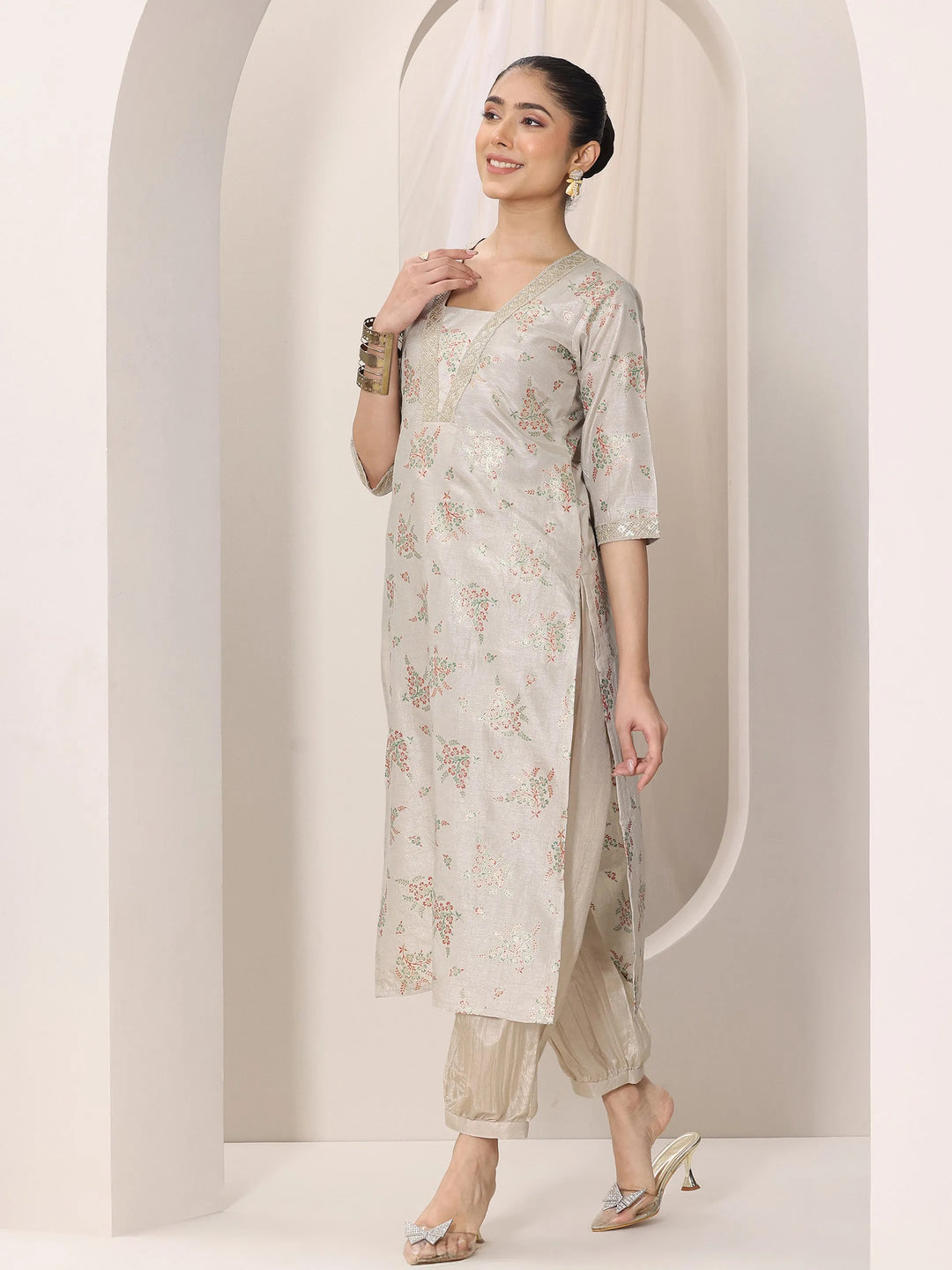  Grey Woven Design Silk Blend Straight Kurta Set 