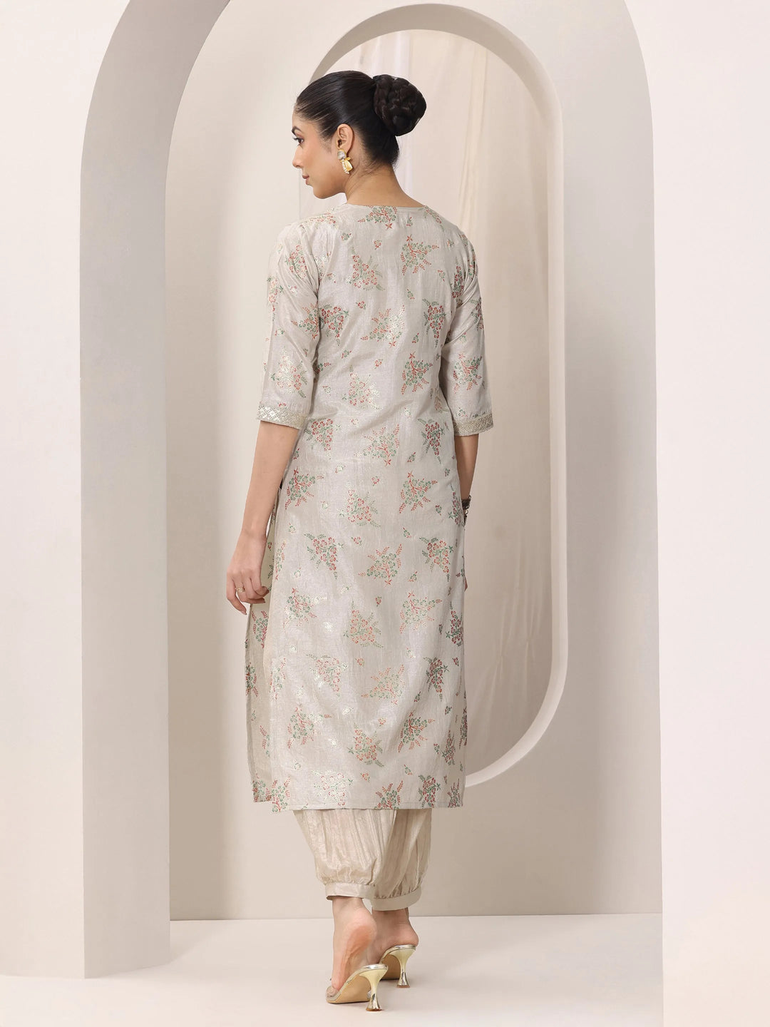  Grey Woven Design Silk Blend Straight Kurta Set 