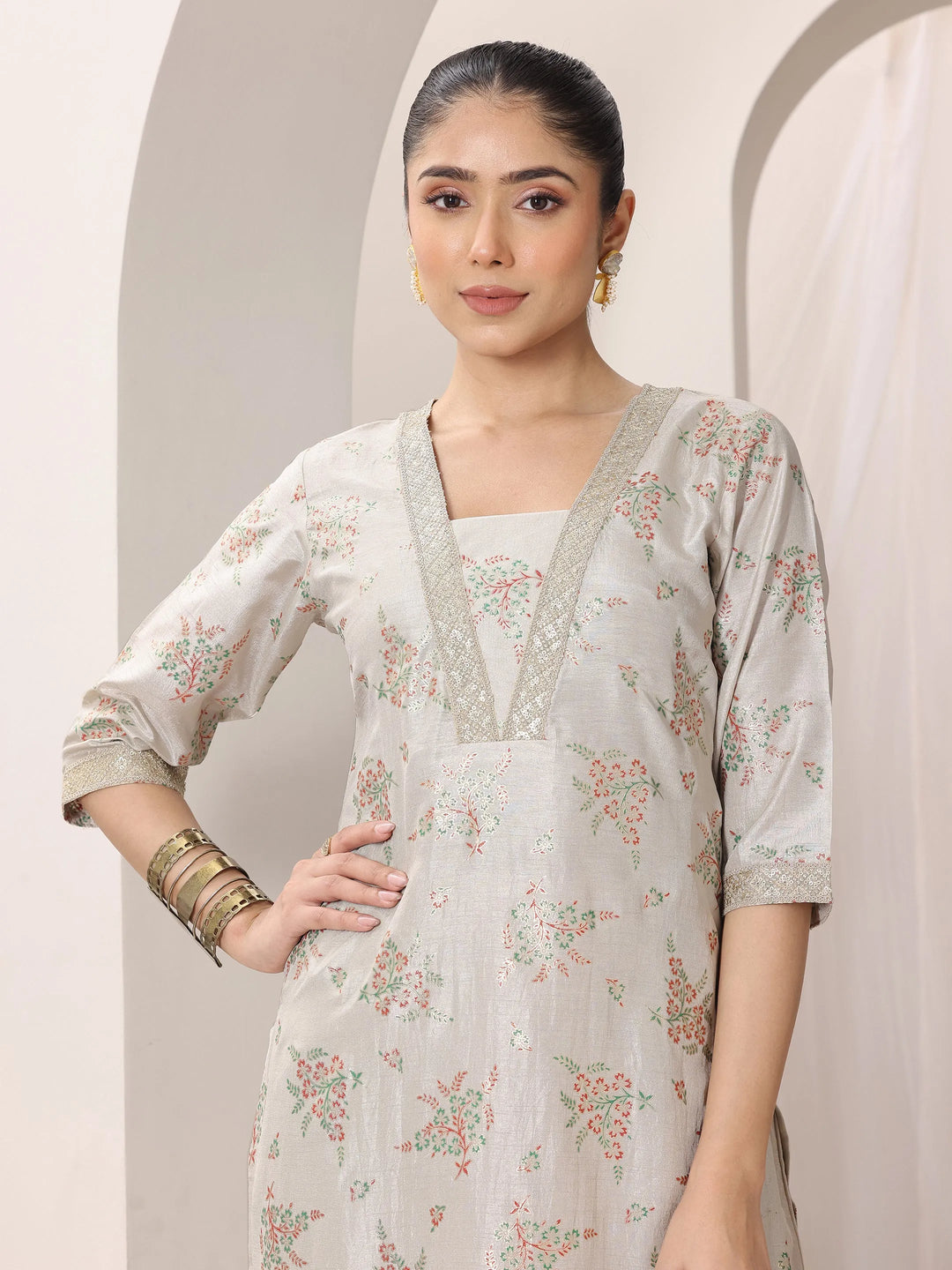  Grey Woven Design Silk Blend Straight Kurta Set 