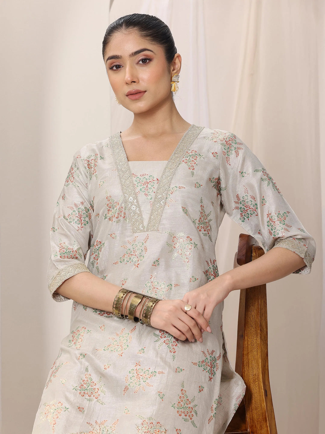  Grey Woven Design Silk Blend Straight Kurta Set 