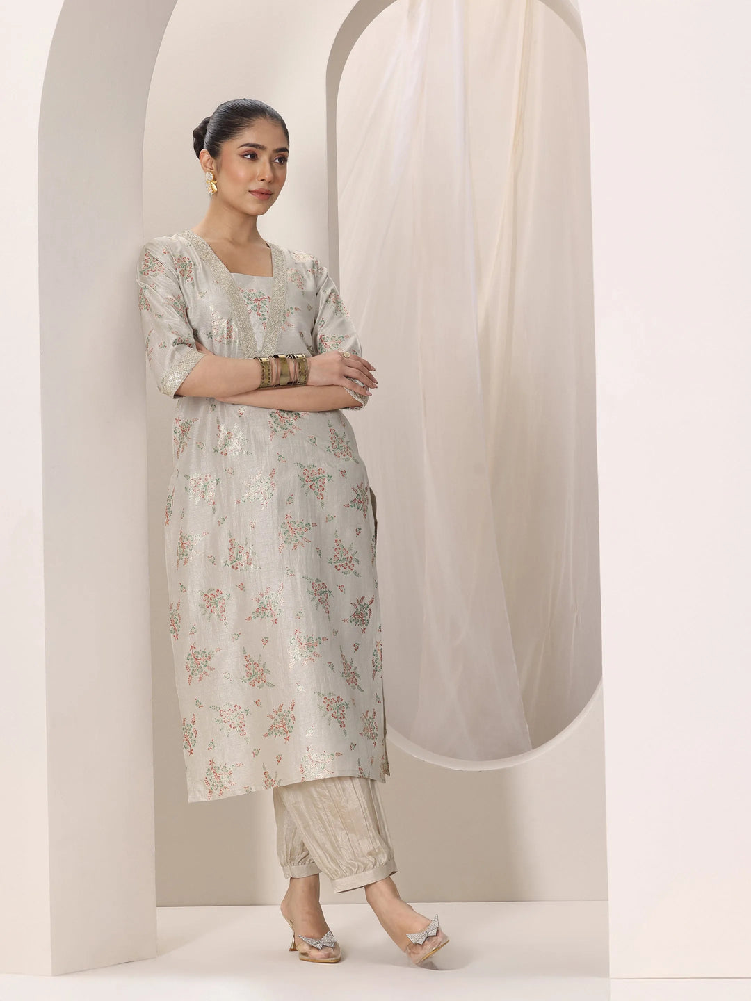  Grey Woven Design Silk Blend Straight Kurta Set 