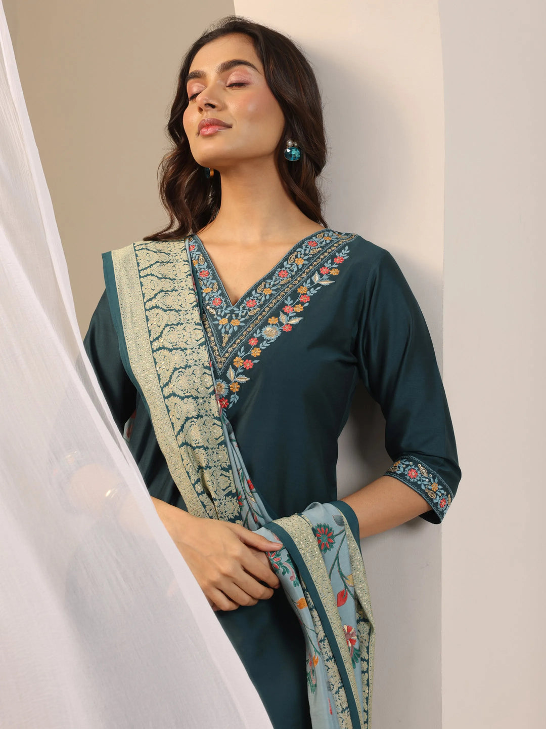  Teal Blue Yoke Design Viscose Rayon Straight Suit Set With Dupatta 