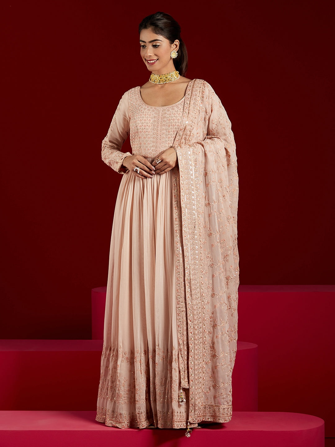  Libas Art Peach Embroidered Georgette Anarkali Suit With Dupatta 