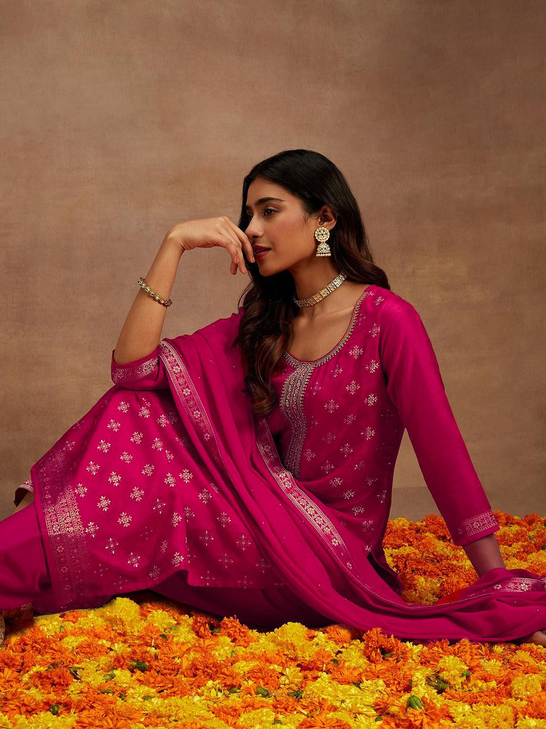 Pink Printed Silk Blend Straight Suit With Dupatta