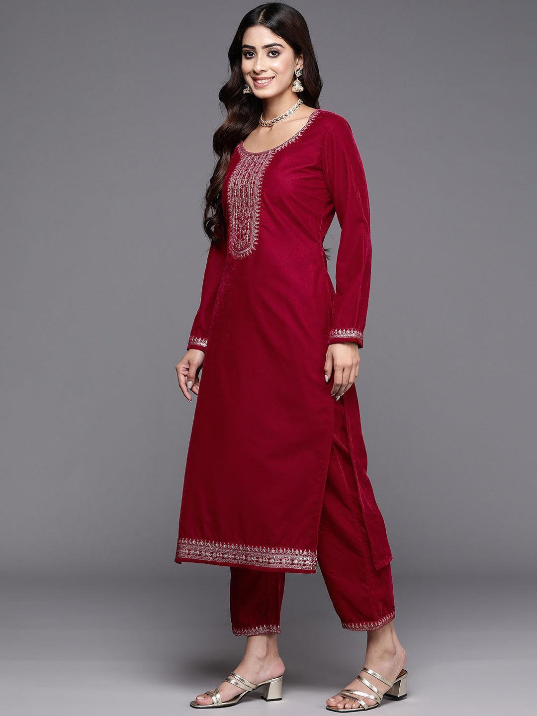 Hot Pink Yoke Design Velvet Straight Kurta With Trousers & Dupatta - Libas 