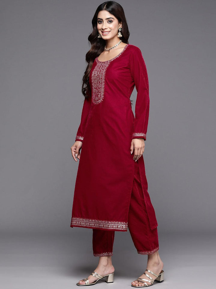 Hot Pink Yoke Design Velvet Straight Kurta With Trousers & Dupatta - Libas