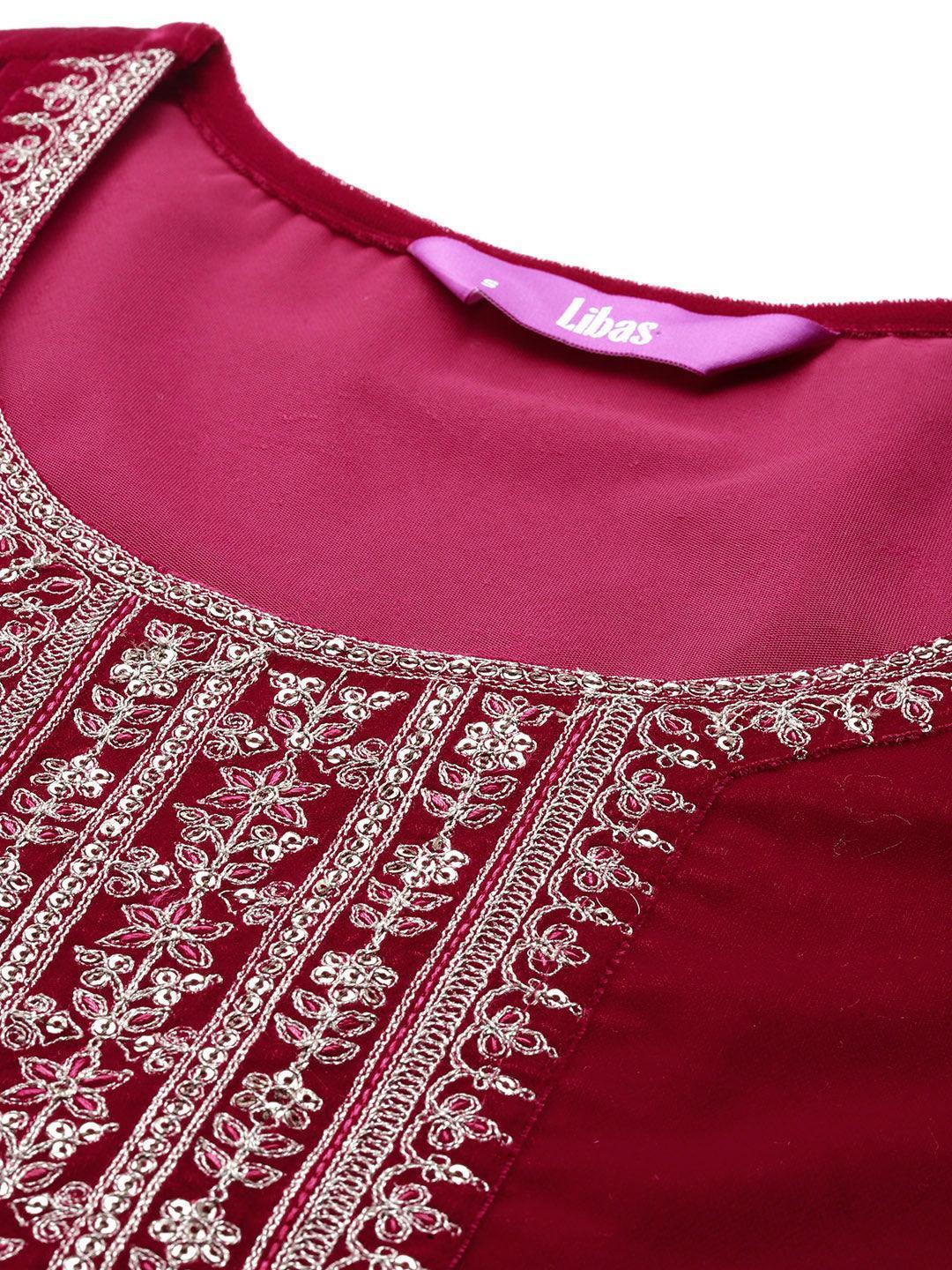 Hot Pink Yoke Design Velvet Straight Kurta With Trousers & Dupatta - Libas 