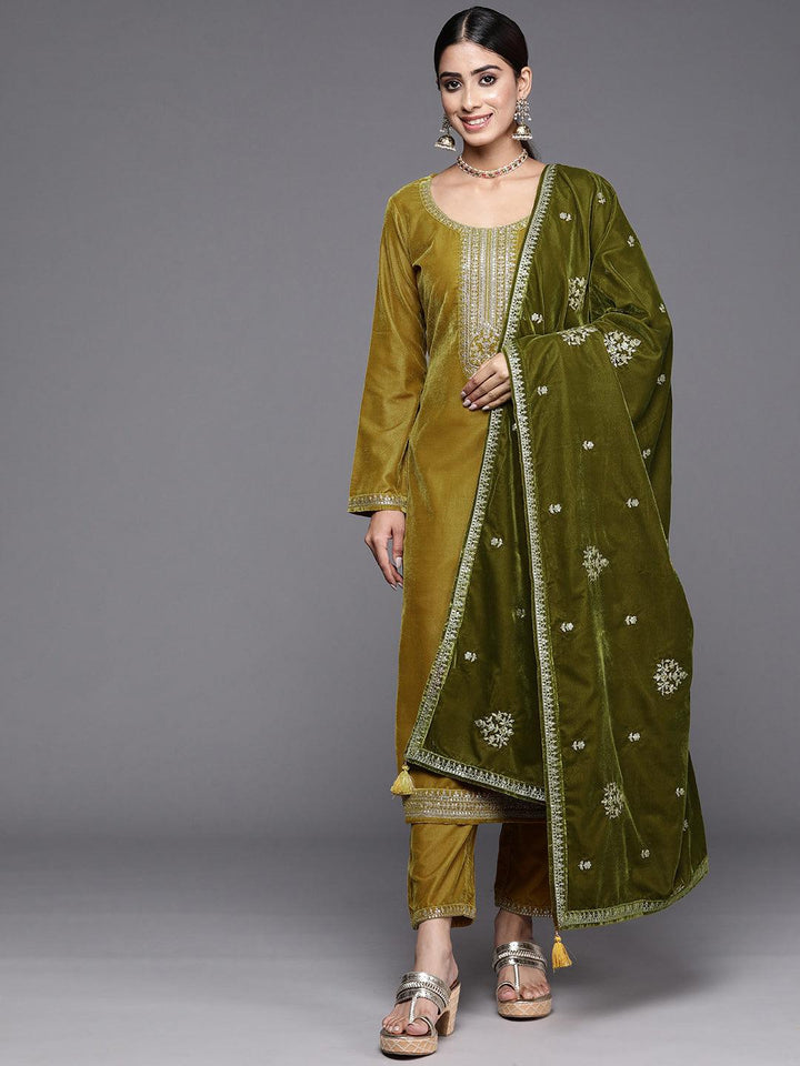 Mustard Yoke Design Velvet Straight Kurta With Trousers & Dupatta - Libas