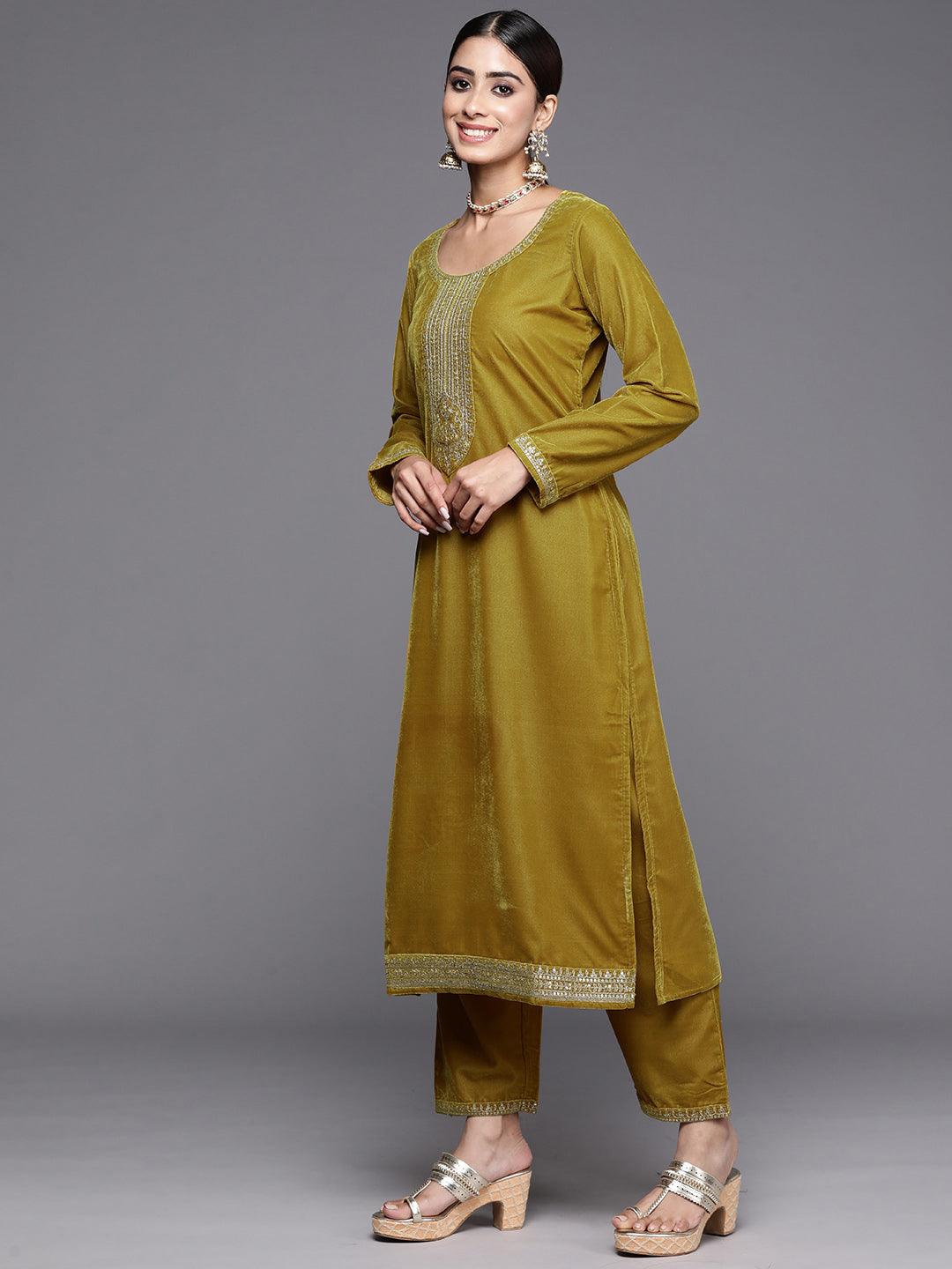 Mustard Yoke Design Velvet Straight Kurta With Trousers & Dupatta - Libas