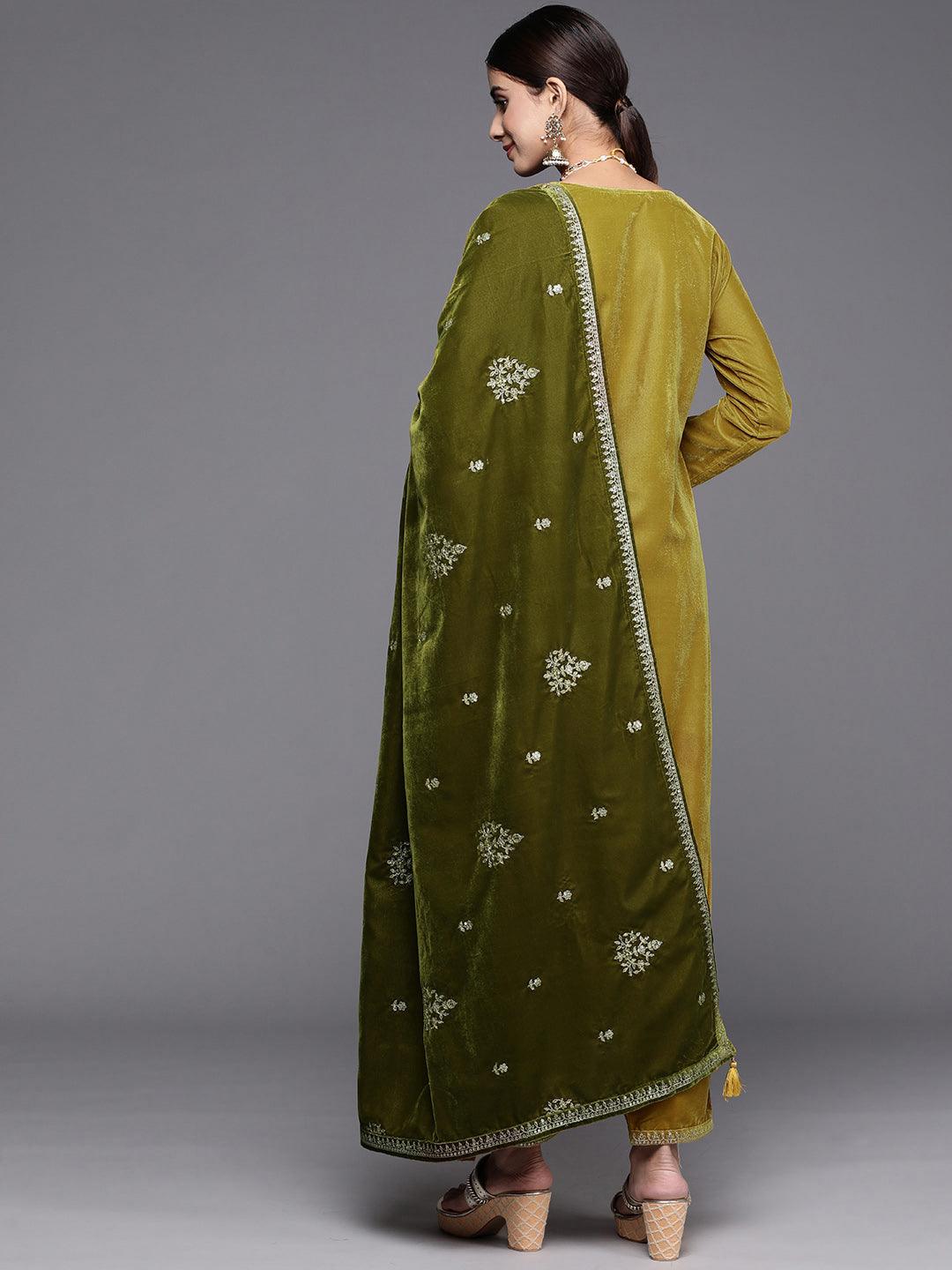 Mustard Yoke Design Velvet Straight Kurta With Trousers & Dupatta - Libas