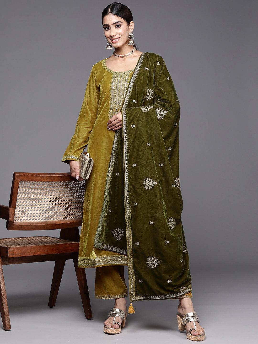 Mustard Yoke Design Velvet Straight Kurta With Trousers & Dupatta - Libas