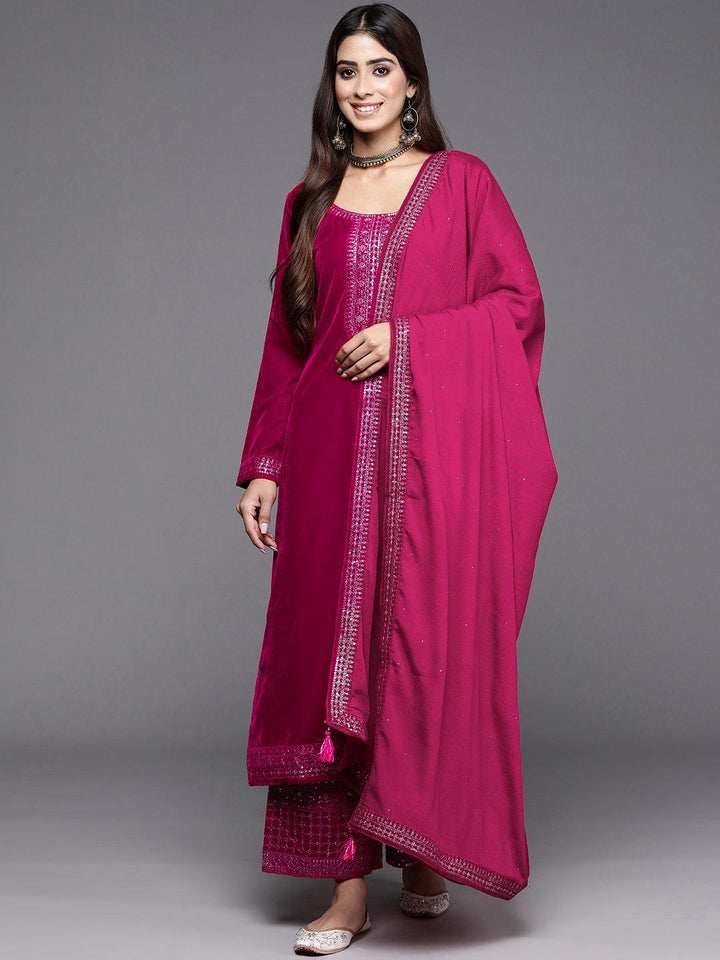 Hot Pink Yoke Design Velvet Straight Kurta With Palazzos & Dupatta - Libas