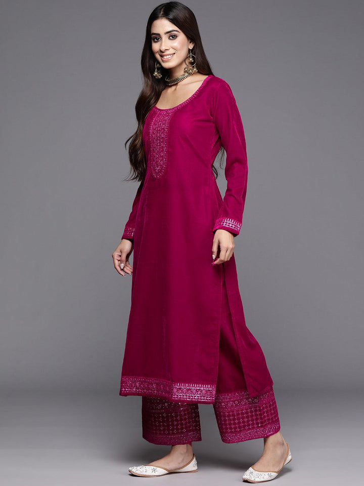 Hot Pink Yoke Design Velvet Straight Kurta With Palazzos & Dupatta - Libas