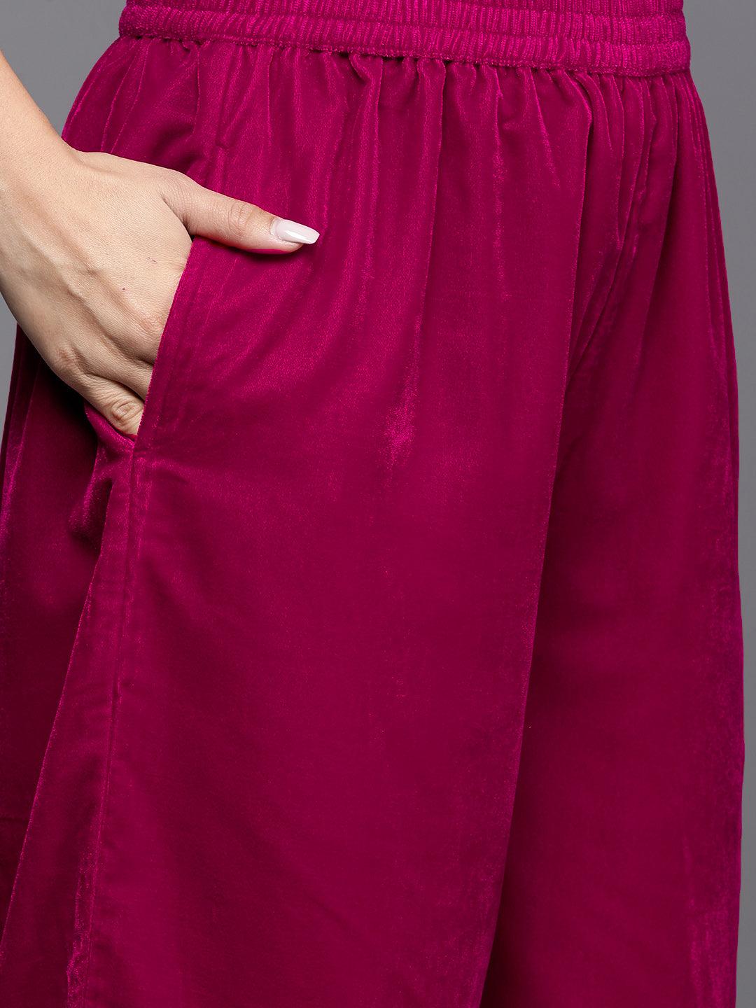 Hot Pink Yoke Design Velvet Straight Kurta With Palazzos & Dupatta - Libas