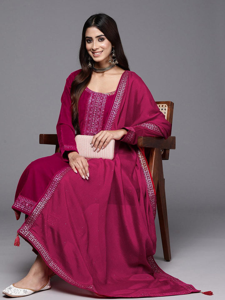 Hot Pink Yoke Design Velvet Straight Kurta With Palazzos & Dupatta - Libas