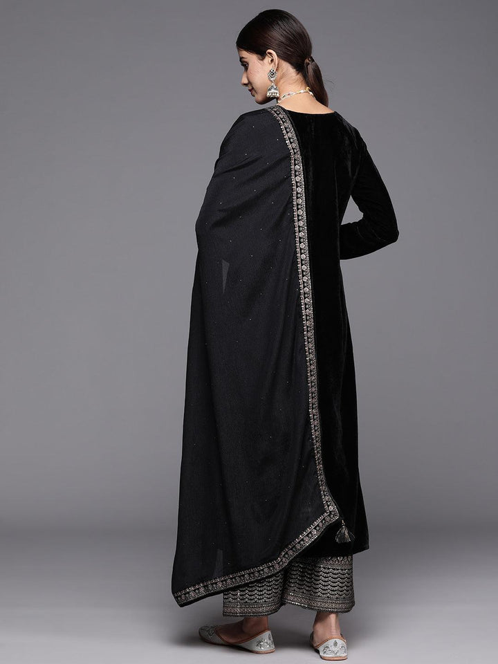 Black Yoke Design Velvet Straight Kurta With Palazzos & Dupatta - Libas