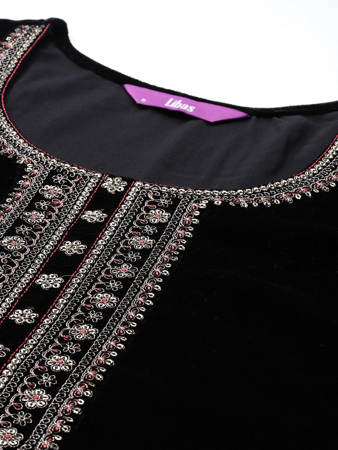 Black Yoke Design Velvet Straight Kurta With Palazzos & Dupatta - Libas